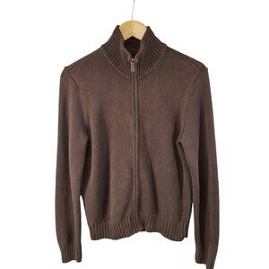 Ralph Lauren Chocolate Brown Full-Zip Ribbed Collar Knit Cardigan Sweater Medium